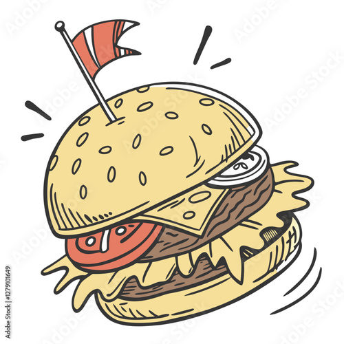 A colorful cartoon icon features a cheeseburger topped with lettuce, tomato, and a decorative flag. The background is plain white, making the burger stand out. Suitable for various designs