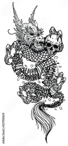 Tattoo art dragon holding a skull hand drawing and sketch black and white