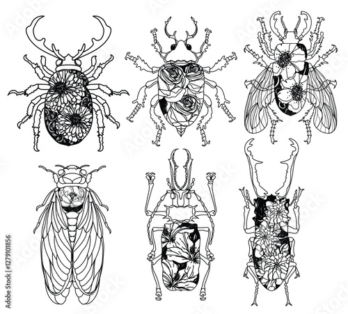 Tattoo art insects have flower patterns hand drawing and sketch black and white