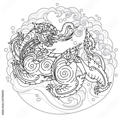 Tattoo art thai elephant has a body that looks like a tiger. hand drawing and sketch black and white