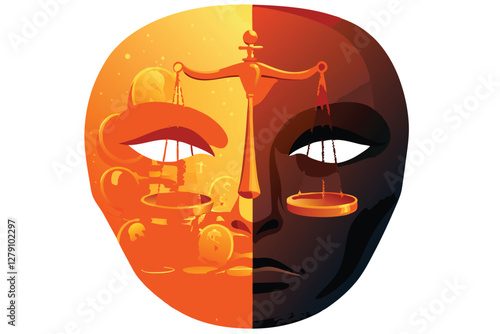 A fractured mask of Justice, symbolizing divided legal systems, reveals a hidden face, hinting at impartiality's demise.