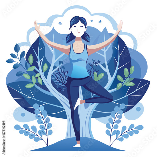 A serene yoga practitioner flawlessly executes Vrksasana (Tree Pose) in dappled shade, showcasing balance and serenity.
