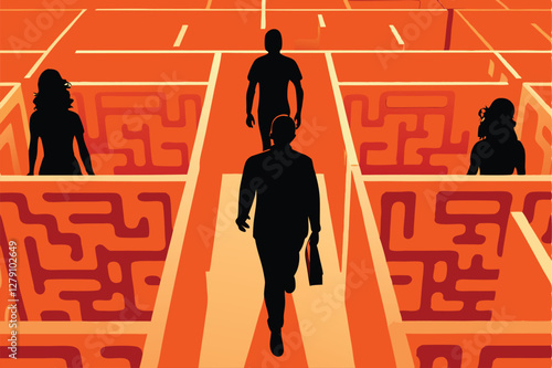 A complex maze constructed from intricately folded US dollar bills, navigated by faceless, anonymous figures.