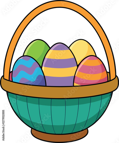 Easter egg basket vector illustration with colorful eggs, spring season, holiday celebration, Easter symbol, festive design, decorative eggs, traditional Easter artwork.