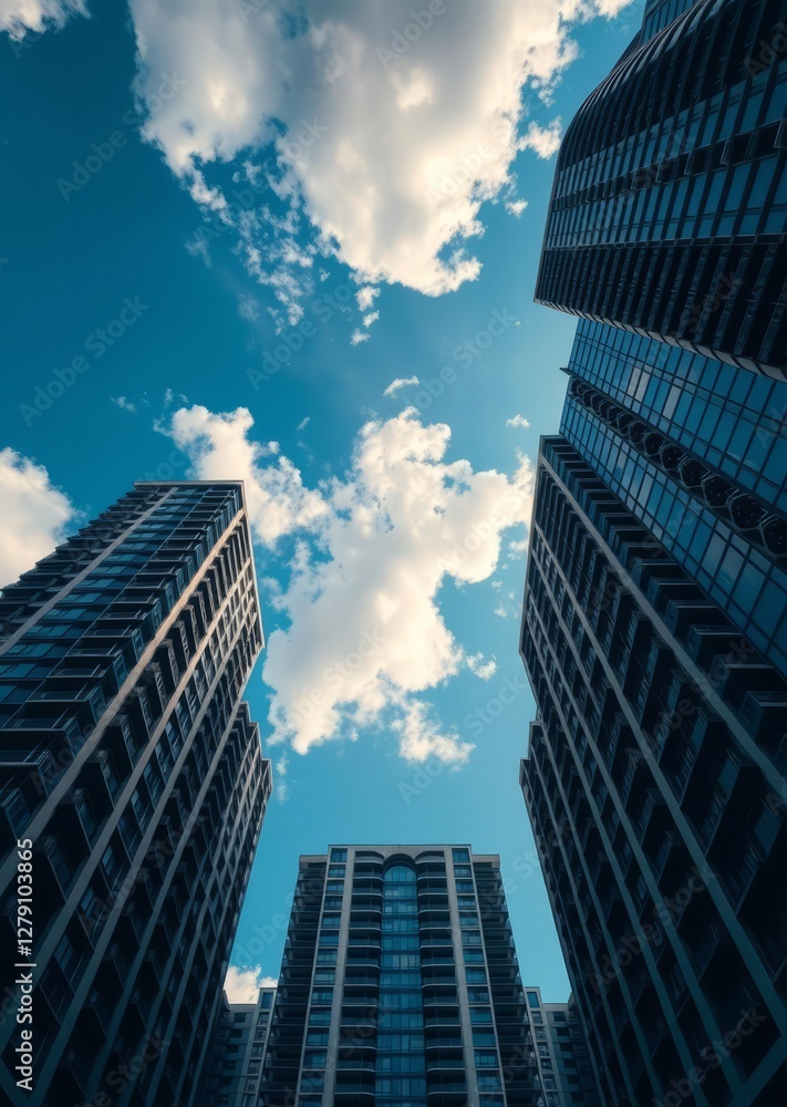 View from below into blue sky with clouds of large modern skyscraper residential complex with arch skyscraper city building skyscraper downtown business architecture cityscape