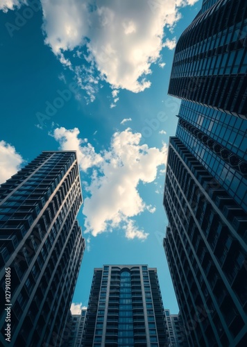 Obraz na płótnie View from below into blue sky with clouds of large modern skyscraper residential complex with arch skyscraper city building skyscraper downtown business architecture cityscape w salonie