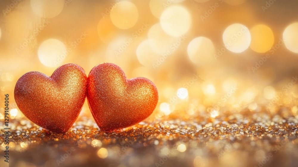Obraz premium Two glittering hearts on golden background