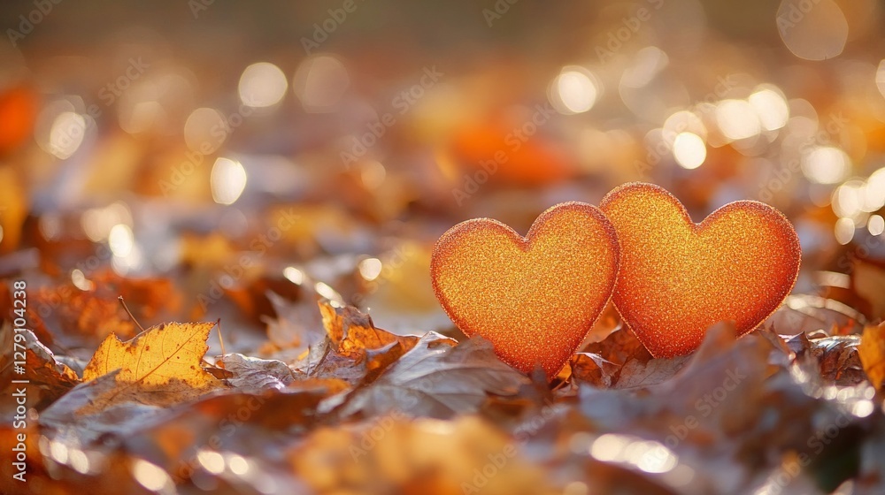 Fototapeta premium Two Golden Hearts Resting on a Bed of Autumn Leaves