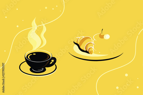 Create a minimalist vector banner design featuring a single steaming cup of coffee or tea, emphasizing clean lines and a warm color palette.