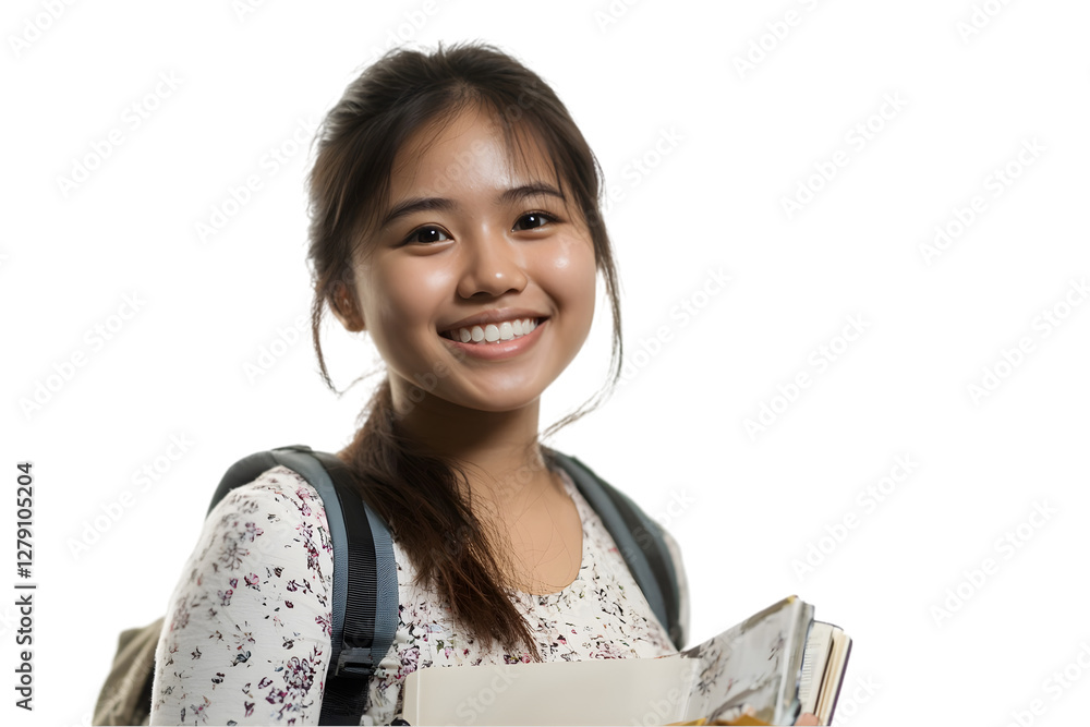 a beautiful, smiling young woman student holding a backpack and book, isolated on a white background a beautiful, smiling young woman student holding a backpack and book, isolated on a white background