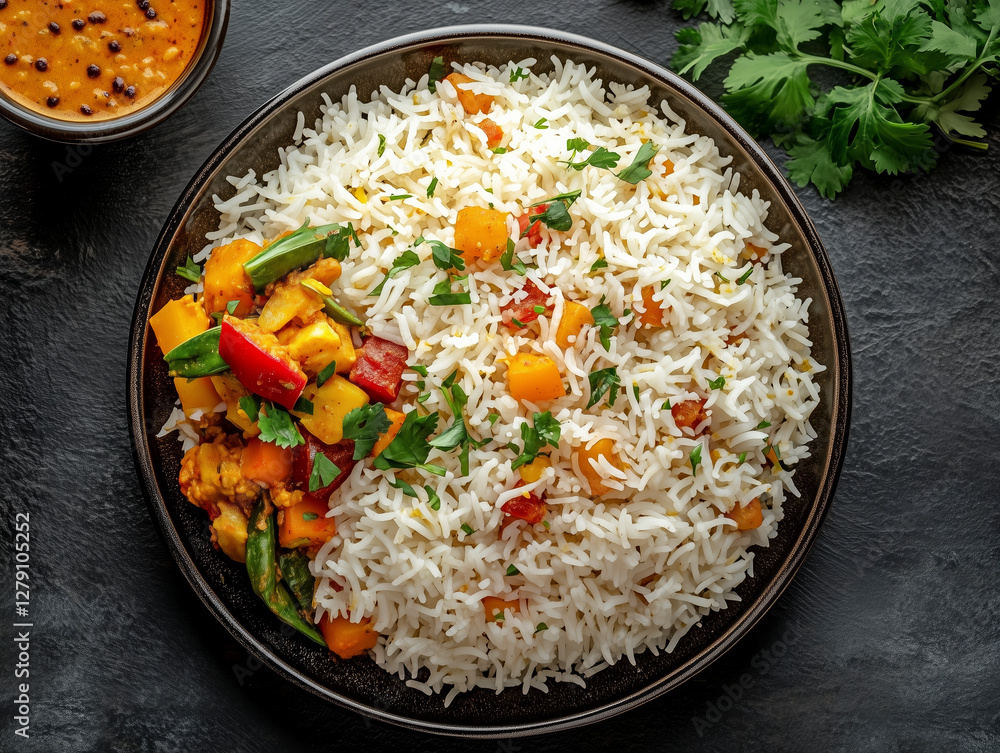 Basmati Rice Plated with Vegetables and Curry Basmati Rice Plated with Vegetables and Curry
