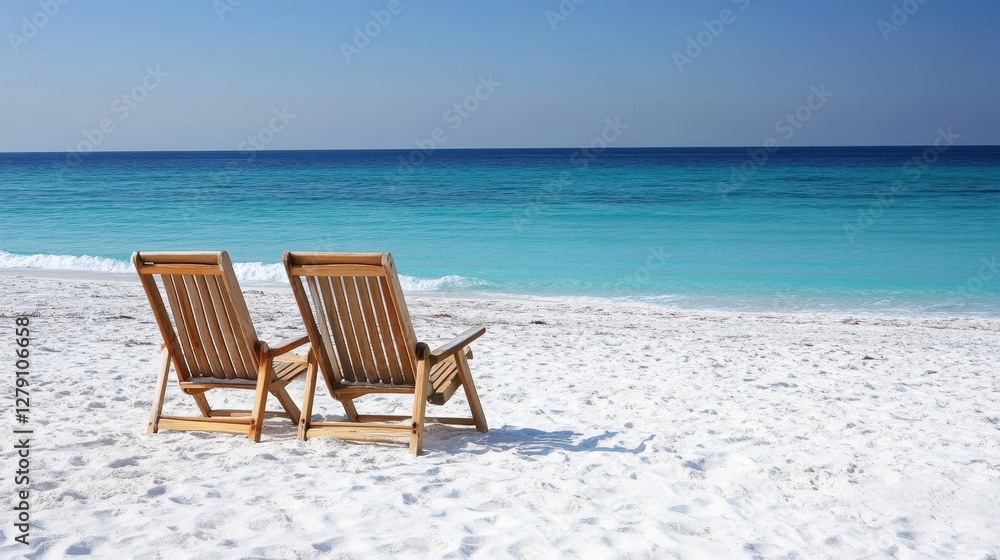 Two rustic wooden chairs positioned on a sandy beach, overlooking the serene ocean waves and creating a tranquil seaside atmosphere. Two rustic wooden chairs positioned on a sandy beach, overlooking the serene ocean waves and creating a tranquil seaside atmosphere.