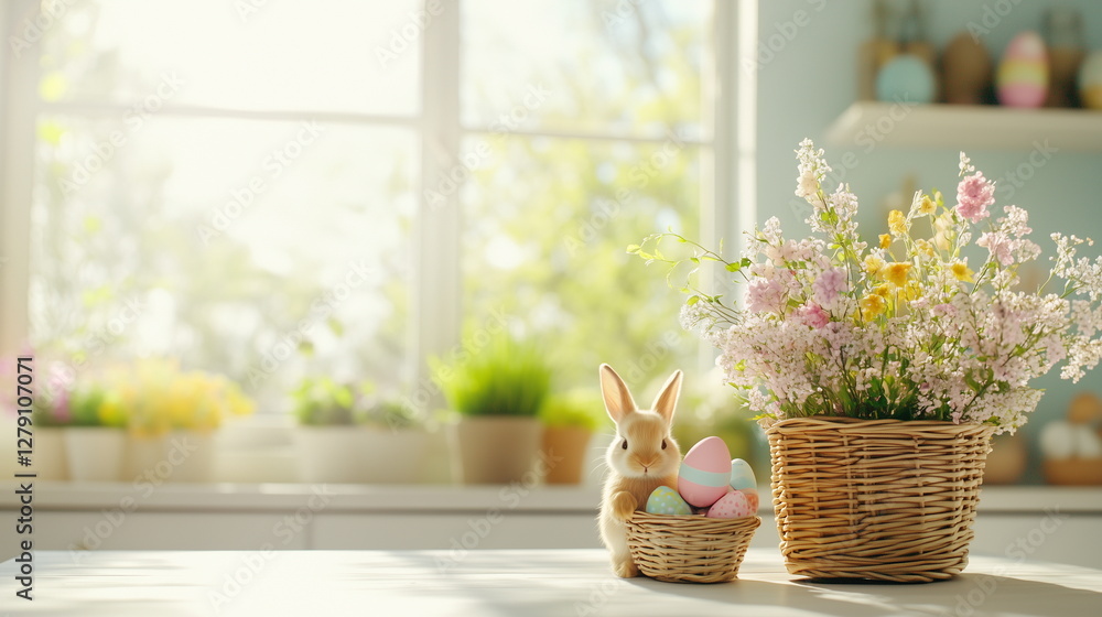 A charming and realistic Easter illustration featuring pastel-colored eggs, fluffy bunnies, and blooming spring flowers. A playful scene with soft lighting, delicate textures, and a joyful, festive at A charming and realistic Easter illustration featuring pastel-colored eggs, fluffy bunnies, and blooming spring flowers. A playful scene with soft lighting, delicate textures, and a joyful, festive at