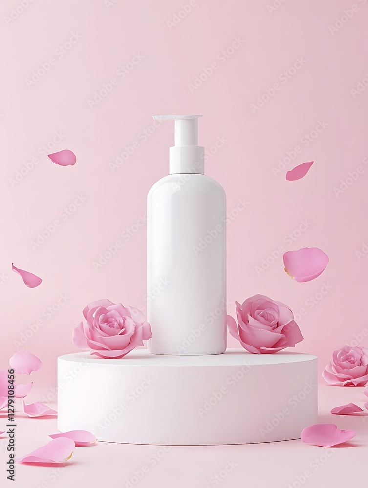 there is a bottle of lotion sitting on a pedestal with pink roses there is a bottle of lotion sitting on a pedestal with pink roses