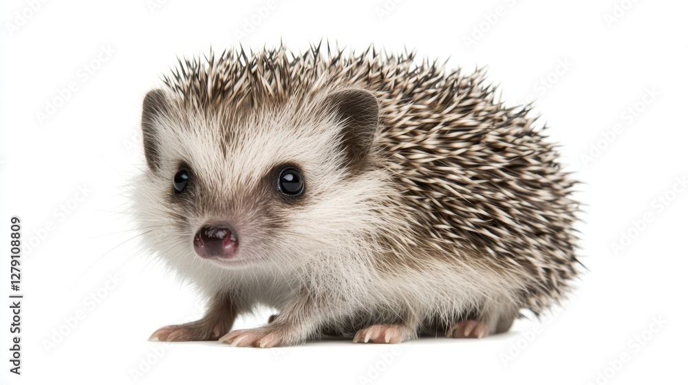 Obraz premium A cute hedgehog stands out against a clean white background, showcasing its unique quills and charming features in a minimalist setting.