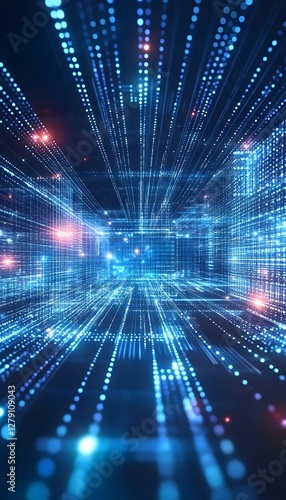 Abstract futuristic grid with glowing blue and red lights