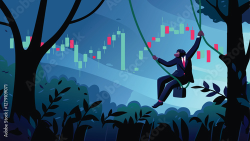 A mischievous monkey, wearing a tiny suit, swings on a vine across a dynamic stock market graph, showcasing volatility and risk in the financial market.