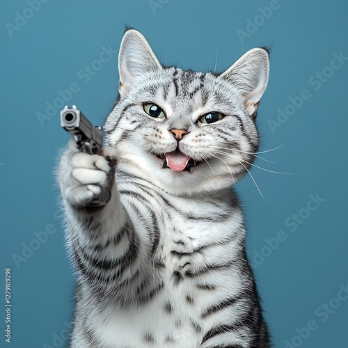 there is a cat that is holding a gun in its hand