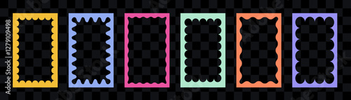A set of colorful wiggly rectangular shapes with curved borders. Vector collection of squiggly rectangle photo frames or mirrors with wavy edges
