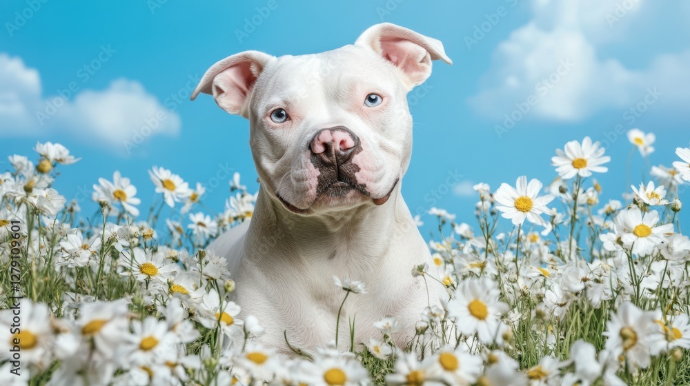 Obraz premium A white dog rests peacefully among vibrant daisies in a sunny field, embodying tranquility and the beauty of nature.