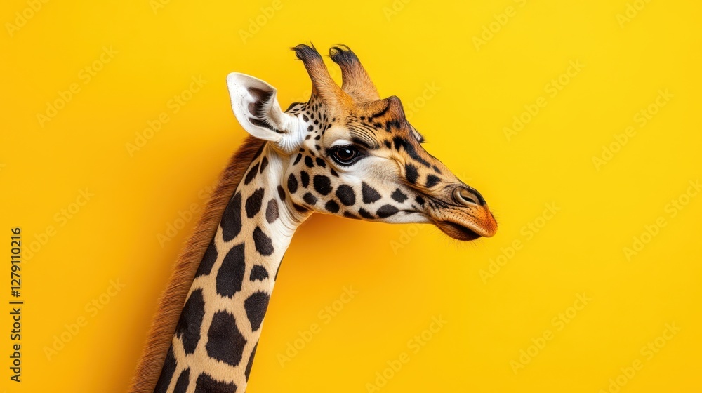 A tall giraffe poses in front of a vibrant yellow wall, showcasing its unique spots and long neck against a bright, cheerful background. A tall giraffe poses in front of a vibrant yellow wall, showcasing its unique spots and long neck against a bright, cheerful background.