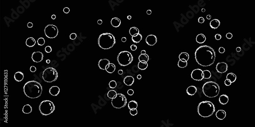 Set of soap or water bubbles drawing by chalk or charcoal. Foam pastel handdrawn elements. Vector wax pen line bubbles of fizzy drink like children written. Champagne doodle gas balloons.