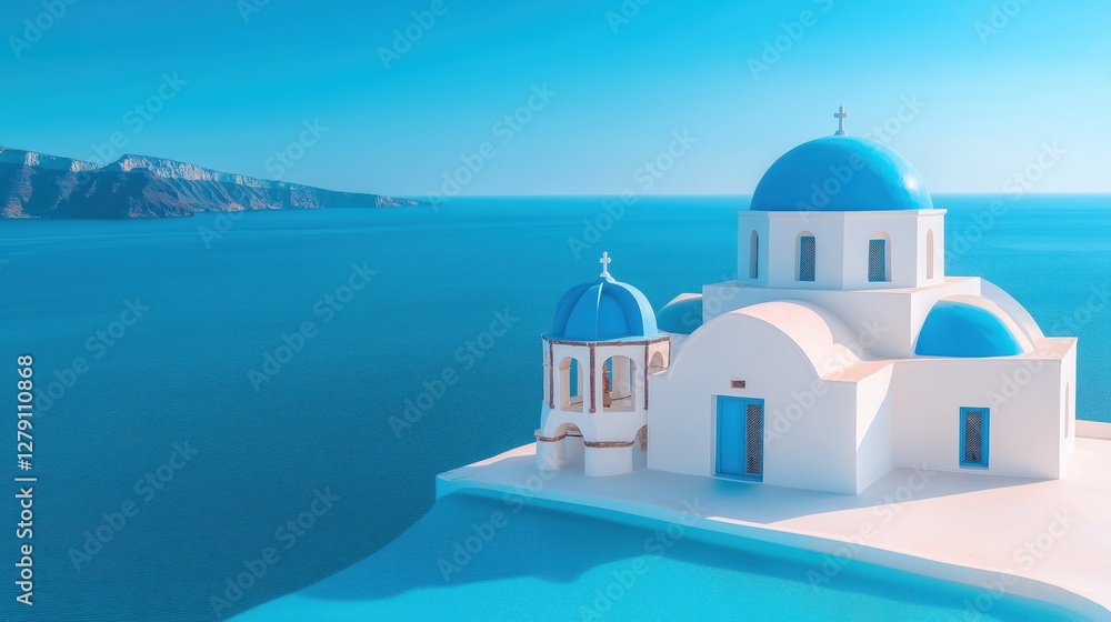 Obraz premium Breathtaking view of whitewashed buildings with blue domed roofs overlooking the Aegean Sea in Greece