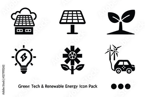 Design a vibrant icon pack depicting green technology and renewable energy sources within a natural, eco-friendly context.  Include wind, solar, hydro, and geothermal energy icons.