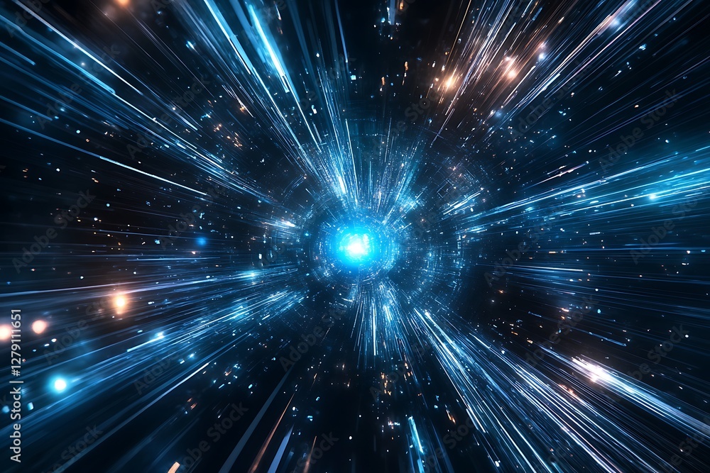 Fototapeta premium Abstract burst of blue and orange light streaks, radiating from a bright center. 