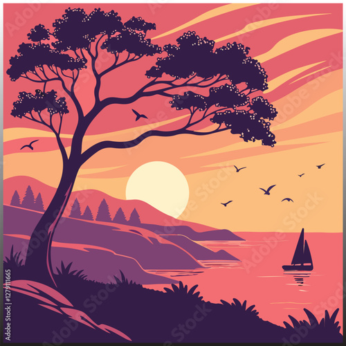 Tranquil Sunset Lake – Serene Opal Seascape with Multi-Vivid Colors, Silhouetted Trees, Birds & Sailing Boat – Beautiful Digital Vector Illustration