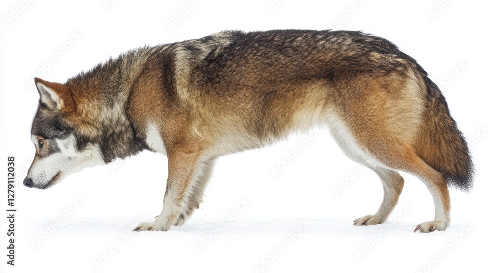 Fototapeta premium A solitary wolf stands majestically in the snow, gazing intently at an unseen object in its environment, embodying the spirit of the wild.