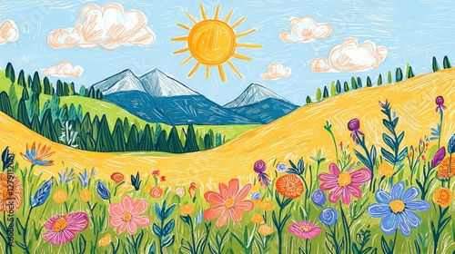 Wallpaper Mural A vibrant scene featuring mountains, meadows, and flowers. Torontodigital.ca