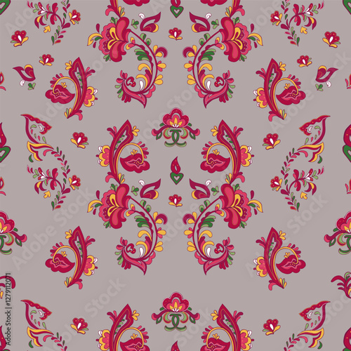 Seamless vector pattern with norwegian folk ornament. Rosemaling style. Hand drawn illustration. Background for greeting card, website, printing on fabric, gift wrap, postcard and wallpapers. 
