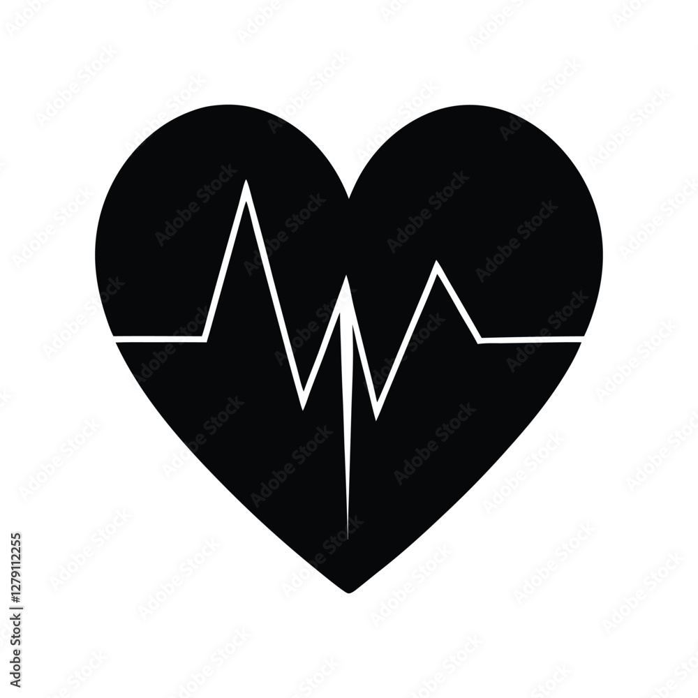 a heart with ECG line vector silhouette on white a heart with ECG line vector silhouette on white