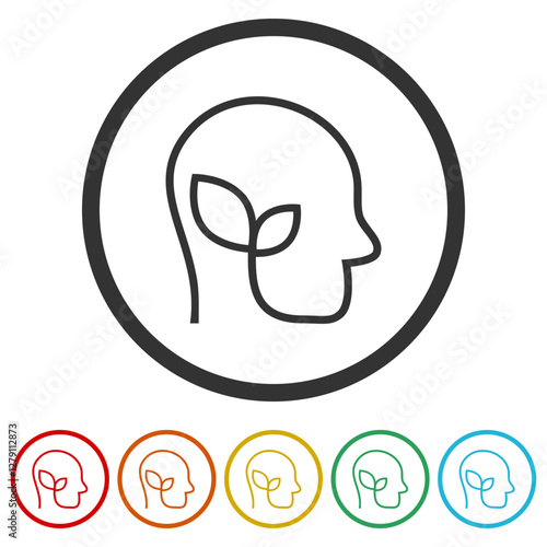 Plant in head icon. Set icons in color circle buttons