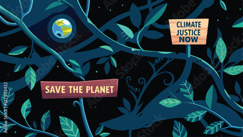 Design a striking, artistic banner promoting climate justice, incorporating vibrant greens and powerful imagery.  Emphasize urgency and hope.