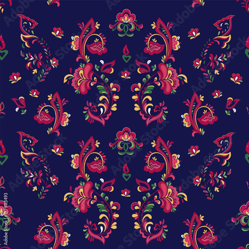 Seamless vector pattern with norwegian folk ornament. Rosemaling style. Hand drawn illustration. Background for greeting card, website, printing on fabric, gift wrap, postcard and wallpapers. 
