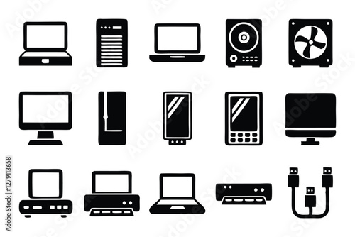 Design a sleek icon pack depicting various laptop accessories mouse, keyboard, charger, webcam, headphones, carrying case, and external hard drive.  Emphasis on stylish, minimalist design.