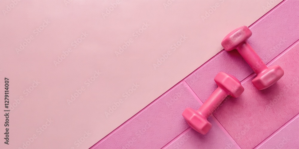 Pink dumbbells on a pink floor with copy space. Concept for Gym banner, Girl sport Pink dumbbells on a pink floor with copy space. Concept for Gym banner, Girl sport