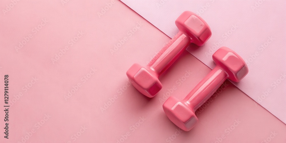 Pink dumbbells on a pink floor with copy space. Concept for Gym banner, Girl sport Pink dumbbells on a pink floor with copy space. Concept for Gym banner, Girl sport
