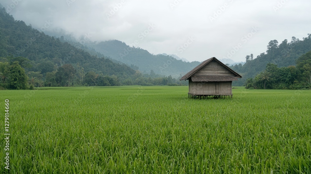 Fototapeta premium Lonely hut in misty rice paddy, mountains backdrop, serene landscape, travel photography
