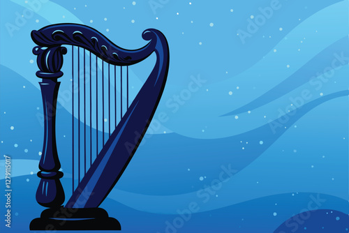 Design an elegant harp silhouette on a soft, shimmering, pearlescent background.  The harp should be detailed and graceful.