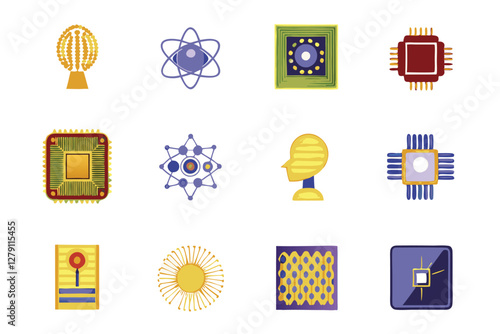 Design a futuristic icon pack representing quantum computing concepts;  include qubit, superposition, entanglement, and quantum gates.