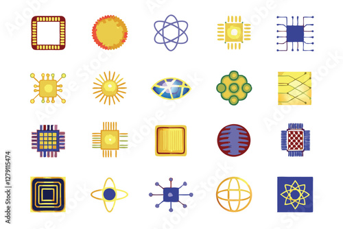 Design a futuristic icon pack representing quantum computing concepts qubits, superposition, entanglement, algorithms.  Include vibrant, abstract visuals.