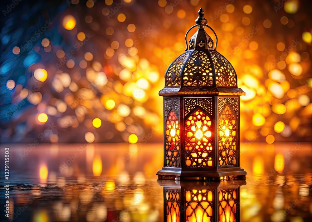 Fototapeta premium Arabic Lamp, Intricate Design, Glowing Lights, Shiny Background, Conceptual Photography