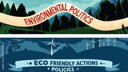 Design a vibrant political banner advocating environmental protection, featuring lush green landscape imagery symbolizing a healthy planet.