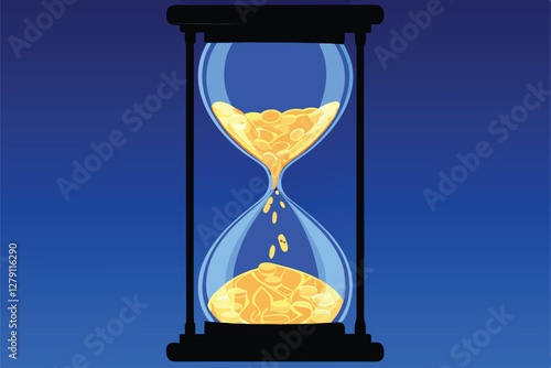 An hourglass where golden sand transforms into shimmering coins as it falls, depicting the passage of time and the accumulation of wealth.