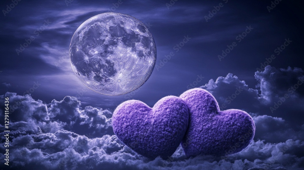 Obraz premium Two Purple Hearts Under a Full Moon in a Dreamy Night Sky