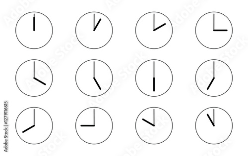 A series of simple analog clock faces. Sub-dial time display. EPS 10. Vector illustrations