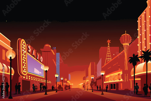 Generate a vibrant, nighttime image of a bustling casino strip, showcasing bright neon lights, towering buildings, and crowds of people.  Focus on the dazzling spectacle of illuminated signage.